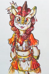 Size: 2195x3264 | Tagged: safe, artist:blueberry pie_蜜糕, derpibooru import, autumn blaze, kirin, semi-anthro, belly button, blushing, clothes, cosplay, costume, crossover, cute, dress, ear piercing, earring, female, jewelry, looking at you, magia record, magical girl, midriff, outfit, piercing, puella magi madoka magica, smiling, smiling at you, solo, soul gem, tongue, tongue out, traditional art, tsuruno yui