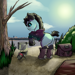 Size: 1200x1200 | Tagged: safe, artist:leastways, derpibooru import, oc, oc only, oc:iso, pony, unicorn, boots, camping, clothes, horn, scenery, shoes, solo, sun, sunrise, unicorn oc