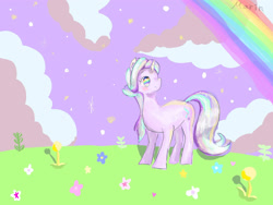 Size: 2048x1536 | Tagged: safe, artist:まりん, derpibooru import, starlight glimmer, pony, unicorn, flower, rainbow, smiling, solo