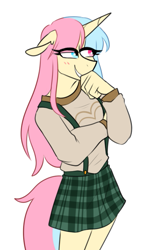 Size: 441x748 | Tagged: safe, artist:redxbacon, derpibooru import, oc, oc only, oc:candy floss (redxbacon), anthro, unicorn, adorasexy, blushing, clothes, crossdressing, crossed arms, cute, ears, eye clipping through hair, eyelashes, femboy, floppy ears, giggling, hand on chin, heterochromia, lidded eyes, male, plaid skirt, pose, sexy, simple background, smiling, suspenders, sweater, trap, two toned mane, white background