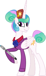 Size: 1600x2597 | Tagged: safe, artist:n0kkun, derpibooru import, princess celestia, alicorn, alternate hairstyle, bowtie, bowties are cool, doctor who, female, fez, former princess celestia, hair bun, hat, simple background, solo, sonic screwdriver, string tie, tail bun, transparent background