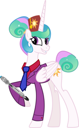 Size: 1600x2597 | Tagged: safe, artist:n0kkun, derpibooru import, edit, princess celestia, alicorn, clothes, doctor who, female, fez, hat, necktie, simple background, solo, sonic screwdriver, suit, vector, vector edit, white background