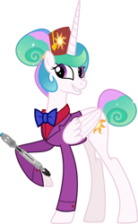 Size: 1600x2597 | Tagged: safe, artist:n0kkun, derpibooru import, edit, princess celestia, bowtie, clothes, doctor who, female, fez, hat, simple background, solo, sonic screwdriver, suit, vector, vector edit, white background