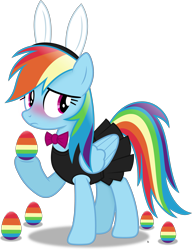 Size: 3919x5106 | Tagged: safe, artist:anime-equestria, derpibooru import, rainbow dash, pegasus, pony, blushing, bowtie, bunny ears, clothes, cute, dress, easter, easter egg, embarrassed, female, hairband, holiday, mare, simple background, skirt, solo, transparent background, vector, wings
