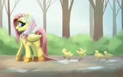 Size: 3180x2000 | Tagged: safe, artist:confetticakez, derpibooru import, fluttershy, bird, duck, pegasus, pony, duckling, forest, looking back, smiling