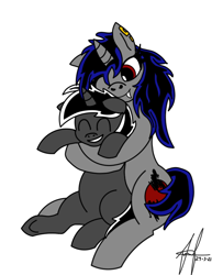 Size: 620x802 | Tagged: safe, artist:alexlobo70, derpibooru import, oc, pony, unicorn, cuddling, fangs, grey oc, hug