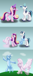 Size: 2400x5459 | Tagged: safe, artist:bladedragoon7575, derpibooru import, princess cadance, shining armor, alicorn, pony, unicorn, bubble, bubble pony, comic, duo, female, floating, magic, male, mare, potion, stallion, telekinesis, transformation