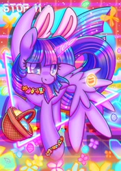 Size: 848x1200 | Tagged: safe, artist:musicfirewind, derpibooru import, twilight sparkle, twilight sparkle (alicorn), alicorn, pony, aesthetics, basket, bunny ears, easter, easter egg, egg, flower, glowing horn, holiday, horn, magic, telekinesis, vaporwave