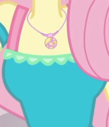 Size: 1920x2224 | Tagged: safe, derpibooru import, screencap, fluttershy, better together, equestria girls, holidays unwrapped, boobshot, breasts, cropped, dashing through the mall, female, geode of fauna, jewelry, magical geodes, necklace, pictures of chests, solo