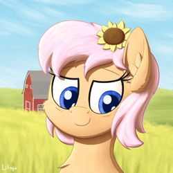 Size: 1250x1250 | Tagged: safe, artist:litrojia, derpibooru import, oc, oc only, oc:canned peaches, pony, barn, bust, commission, female, field, looking at you, mare, portrait, smiling, smiling at you, solo