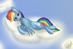 Size: 3400x2304 | Tagged: safe, artist:flapstune, derpibooru import, rainbow dash, pegasus, pony, cloud, cutie mark, female, fluffy, grooming, looking at wing, lying, lying down, lying on a cloud, mare, on a cloud, preening, signature, sky, solo, tongue, tongue out, wings