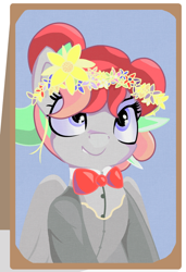 Size: 712x1041 | Tagged: safe, artist:coffeeponee, derpibooru import, oc, oc only, oc:coffea flower, pegasus, pony, bowtie, clothes, floral head wreath, flower, flower in hair, happy, lip bite, picture frame, portait, smiling, solo, suit, vest