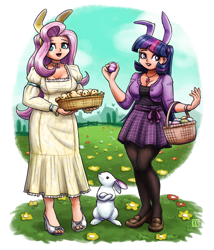 Size: 2100x2450 | Tagged: safe, artist:king-kakapo, derpibooru import, part of a set, angel bunny, fluttershy, twilight sparkle, bird, chicken, human, basket, breasts, bunny ears, cleavage, clothes, dress, easter, easter basket, easter bunny, easter egg, female, flower, grin, headlight sparkle, high heels, holiday, hootershy, humanized, jewelry, loafers, looking at you, necklace, pantyhose, shoes, skirt, smiling, spring, toes