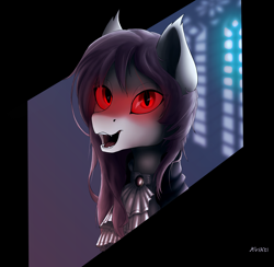 Size: 3747x3664 | Tagged: safe, artist:kviksi, derpibooru import, fluttershy, bat pony, pony, undead, vampire, vampony, bat ponified, brooch, bust, clothes, fangs, female, flutterbat, glowing eyes, jewelry, open mouth, portrait, race swap, red eyes, simple background, solo, solo female, victorian