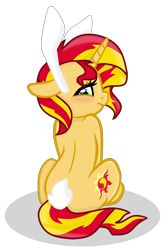 Size: 3000x4542 | Tagged: safe, artist:grapefruit-face, derpibooru import, sunset shimmer, pony, unicorn, blushing, bunny ears, bunny tail, bunset shimmer, butt, female, looking at you, looking back, mare, simple background, sitting, solo, transparent background