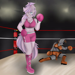 Size: 2894x2894 | Tagged: safe, artist:glacy art, derpibooru import, oc, oc:dusk strike, oc:love punch, anthro, earth pony, pegasus, boxing, boxing gloves, boxing ring, clothes, sports, sports bra