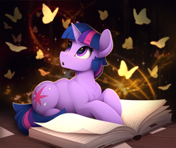 Size: 2500x2100 | Tagged: safe, artist:yakovlev-vad, derpibooru import, twilight sparkle, unicorn twilight, butterfly, pony, unicorn, book, female, looking at each other, looking at something, magic, magic book, mare, open mouth, prone, solo