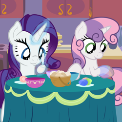 Size: 2000x2000 | Tagged: safe, artist:nitei, derpibooru import, rarity, sweetie belle, unicorn, basket, bowl, crayon, dye, easter egg, egg, kitchen, magic, stain, table