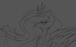 Size: 1080x667 | Tagged: safe, artist:tessa_key_, derpibooru import, princess luna, alicorn, pony, bust, ear fluff, ears, eyelashes, female, gray background, horn, jewelry, lineart, mare, monochrome, peytral, simple background, smiling, solo, tiara, wings