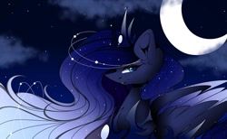 Size: 1080x667 | Tagged: safe, alternate version, artist:tessa_key_, derpibooru import, princess luna, alicorn, pony, bust, cloud, colored, constellation, crescent moon, ear fluff, ears, eyelashes, female, horn, jewelry, lipstick, mare, moon, night, outdoors, peytral, smiling, solo, stars, tiara, wings