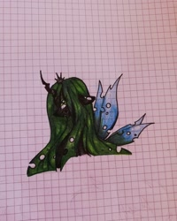 Size: 1080x1350 | Tagged: safe, artist:tessa_key_, derpibooru import, queen chrysalis, changeling, changeling queen, bust, eyelashes, female, graph paper, horn, smiling, solo, traditional art, wings