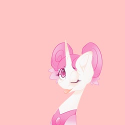 Size: 1080x1080 | Tagged: safe, artist:tessa_key_, derpibooru import, pony, unicorn, :p, bust, clothes, crossover, eyelashes, female, horn, mare, one eye closed, pearl (steven universe), pink background, ponified, simple background, solo, steven universe, tongue, tongue out, wink