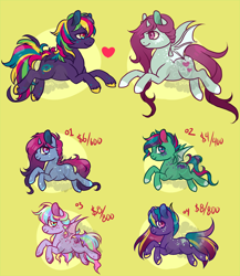 Size: 2000x2300 | Tagged: safe, artist:lavvythejackalope, derpibooru import, oc, oc only, bat pony, earth pony, pony, unicorn, base used, bat pony oc, colored hooves, earth pony oc, freckles, horn, simple background, unicorn oc, unshorn fetlocks, yellow background