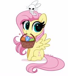 Size: 3691x4096 | Tagged: safe, artist:kittyrosie, derpibooru import, angel bunny, fluttershy, pegasus, pony, basket, blushing, bunny ears, cute, duo, easter, egg, female, holiday, looking at you, mare, mouth hold, shyabetes, simple background, sitting, spread wings, starry eyes, white background, wingding eyes, wings