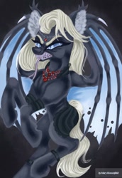 Size: 705x1024 | Tagged: safe, artist:maryhoovesfield, derpibooru import, oc, oc only, bat pony, pony, bat pony oc, clothes, ear fluff, ears, forked tongue, jewelry, necklace, rearing, sharp teeth, solo, teeth, tongue, tongue out