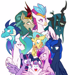 Size: 4841x5265 | Tagged: safe, artist:chub-wub, derpibooru import, princess cadance, princess celestia, princess ember, princess flurry heart, princess luna, princess skystar, queen chrysalis, queen novo, rain shine, twilight sparkle, twilight sparkle (alicorn), alicorn, changeling, changeling queen, dragon, hippogriff, kirin, pony, alicorn pentarchy, aunt and niece, baby, cute, dragoness, evil grin, featured image, female, filly, flurrybetes, grin, mare, mother and child, mother and daughter, open mouth, parent and child, royal sisters, siblings, simple background, sisters, sisters-in-law, smiling, white background