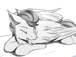Size: 1200x900 | Tagged: safe, artist:snowstormbat, derpibooru import, oc, pegasus, pony, cute, eyes closed, fangs, grooming, lying down, male, preening, simple background, sketch, smiling, solo, stallion, wings
