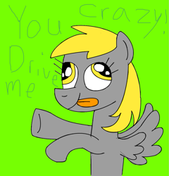 Size: 985x1024 | Tagged: safe, artist:yorkyloves, derpibooru import, derpy hooves, pegasus, pony, background pony, bipedal, britney spears, crazy face, cute, derp, derpabetes, dialogue, don't dead open inside, faic, female, funny, funny face, green background, hooves, hooves up, insanity, mare, raised hoof, raised leg, silly, silly face, simple background, song in the comments, song reference, tongue, tongue out, underhoof, wings, wings flapping, you drive me crazy