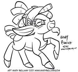 Size: 759x700 | Tagged: safe, artist:marybellamy, derpibooru import, shanty goat, goat, them's fightin' herds, bandana, commission, community related, confident, design, lineart, looking at you, monochrome, patreon commission, smiling