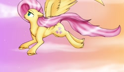 Size: 1280x740 | Tagged: safe, artist:gvardianangel, artist:iobunny, derpibooru import, fluttershy, pegasus, pony, female, flying, mare, sky background, solo, unshorn fetlocks