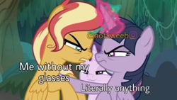 Size: 1280x720 | Tagged: artist needed, safe, derpibooru import, edit, edited screencap, editor:notxweeb, screencap, starlight glimmer, sunset shimmer, twilight sparkle, twilight sparkle (alicorn), alicorn, pony, unicorn, the mean 6, angry, caption, image macro, meme, obtrusive watermark, text, watermark