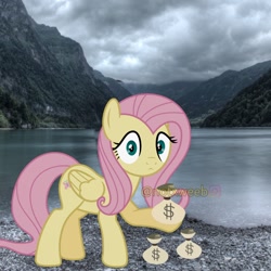 Size: 720x720 | Tagged: safe, artist:luckreza8, derpibooru import, editor:notxweeb, fluttershy, pegasus, pony, bag, bags, caption, image macro, irl, meme, obtrusive watermark, photo, raised hoof, raised leg, solo, text, watermark