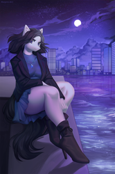Size: 934x1404 | Tagged: safe, artist:margony, oc, oc only, anthro, earth pony, plantigrade anthro, anthro oc, boots, breasts, busty oc, city, clothes, female, full moon, high heels, jacket, jewelry, lidded eyes, looking at you, mare, moon, necklace, night, night sky, scenery, scenery porn, schrödinger's pantsu, shoes, sitting, skirt, smiling, solo, thighs