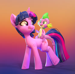 Size: 1310x1296 | Tagged: safe, artist:lemurfeature, spike, twilight sparkle, unicorn twilight, dragon, pony, unicorn, 3d, duo, fangs, female, fluffy, freckles, gradient background, looking at each other, looking back, male, mare, open mouth, sitting, smiling, zbrush