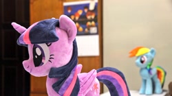 Size: 1024x575 | Tagged: safe, artist:nekokevin, rainbow dash, twilight sparkle, twilight sparkle (alicorn), alicorn, pegasus, pony, calendar, duo, female, irl, mare, photo, plushie, side view, size difference, smiling, solo focus