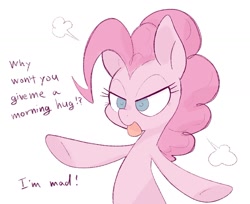 Size: 1681x1371 | Tagged: safe, artist:noupu, derpibooru import, pinkie pie, earth pony, pony, angry, blue eyes, cute, dialogue, diapinkes, female, hug request, madorable, mare, open mouth, pink coat, pink mane, pointing, simple background, solo, white background