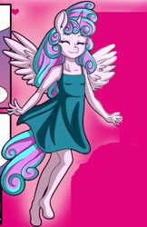 Size: 663x1024 | Tagged: safe, artist:anibaruthecat, edit, twibooru import, princess flurry heart, alicorn, anthro, unguligrade anthro, comic:yes teacher, banned from derpibooru, clothes, comic, cropped, dress, eyes closed, female, filly, heart, image, jpeg, smiling, solo