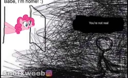 Size: 1178x720 | Tagged: safe, derpibooru import, editor:notxweeb, pinkie pie, earth pony, pony, caption, dark, image macro, meme, schizo, stick figure, text, watermark