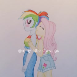 Size: 981x981 | Tagged: safe, artist:mmy_little_drawings, derpibooru import, fluttershy, rainbow dash, better together, equestria girls, spring breakdown, blushing, clothes, eyelashes, eyes closed, female, flutterdash, legs, lesbian, shipping, shorts, sleeveless, smiling, traditional art