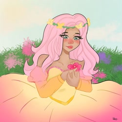 Size: 1080x1080 | Tagged: safe, artist:_denart, derpibooru import, fluttershy, human, blushing, clothes, dress, eyelashes, female, flower, flower in hair, humanized, lipstick, outdoors, signature, smiling, solo