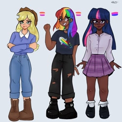 Size: 1080x1080 | Tagged: safe, artist:_denart, derpibooru import, applejack, rainbow dash, twilight sparkle, human, choker, clothes, crossed arms, dark skin, ear piercing, earring, eyelashes, female, fist pump, glasses, grin, hat, humanized, jewelry, lipstick, pants, piercing, pride flag, shoes, signature, simple background, skirt, smiling, spiked choker, torn clothes