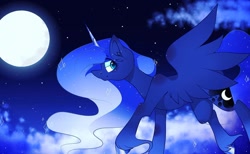 Size: 1080x667 | Tagged: safe, alternate version, artist:tessa_key_, derpibooru import, princess luna, alicorn, pony, ethereal mane, eyelashes, female, flying, full moon, hoof fluff, hoof polish, horn, makeup, mare, moon, night, outdoors, smiling, solo, starry mane, stars, wings