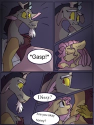 Size: 768x1024 | Tagged: safe, artist:cocolove2176, derpibooru import, discord, fluttershy, draconequus, pegasus, pony, comic:never leave, comic, dialogue, discoshy, eyes closed, female, male, mare, sad, shipping, sleeping, straight