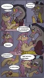 Size: 720x1280 | Tagged: safe, artist:cocolove2176, derpibooru import, discord, fluttershy, draconequus, pegasus, pony, comic:never leave, blushing, colored hooves, comic, dialogue, discoshy, eyes closed, female, holding hooves, male, mare, sad, shipping, straight