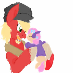 Size: 685x685 | Tagged: safe, artist:sonicsketcher64, derpibooru import, big macintosh, oc, oc:angel face macintosh, earth pony, pony, beard, boop, cute, duo, earmuffs, facial hair, father and child, father and daughter, female, filly, hat, holding a pony, male, noseboop, ocbetes, offspring, parent and child, parent:big macintosh, parent:fluttershy, parents:fluttermac, simple background, stallion, white background