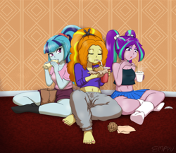 Size: 1200x1040 | Tagged: safe, artist:empyu, adagio dazzle, aria blaze, sonata dusk, equestria girls, bag, barefoot, belly button, beverage, burger, burrito, casual, clothes, cup, cup noodles, drinking, eating, eyes closed, eyeshadow, feet, food, makeup, midriff, nail polish, noodles, open mouth, pants, ponytail, shorts, skirt, sleeveless, socks, stocking feet, sweatpants, taco, tanktop, the dazzlings, toenail polish, trio